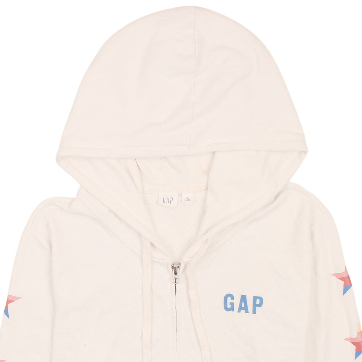 Brand and care label for Gap Men’s White XL Full Zip Hoodie with Star Sleeves