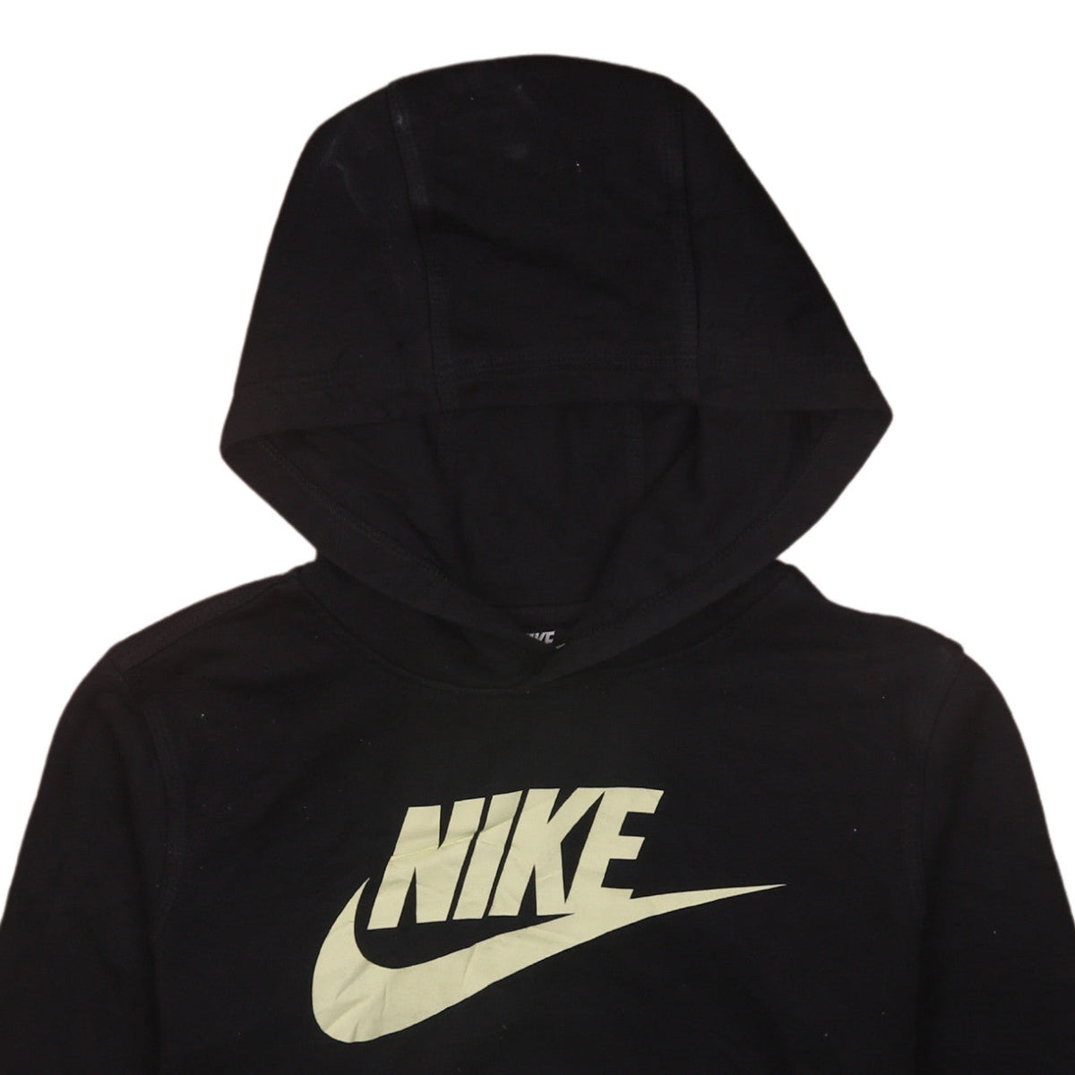 Brand and care label for Nike Men's Black Pullover Hoodie L Logo Fleece Sweatshirt