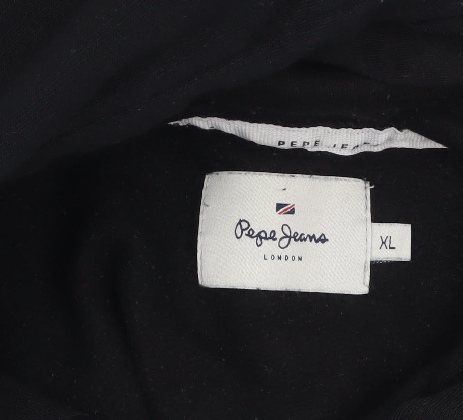 Brand and care label for Pepe Jeans Men Black XL Pullover Hoodie with Logo Print