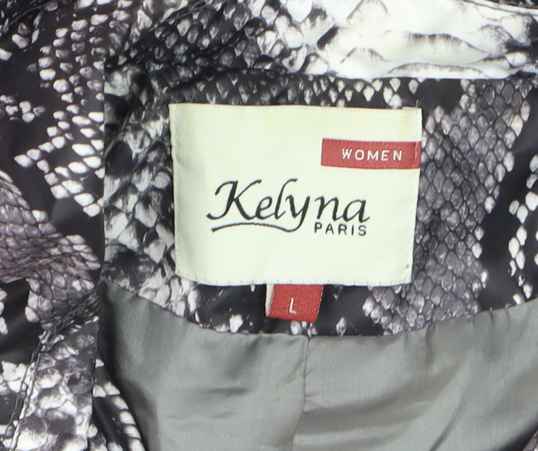 Brand and care label for Kelyna Paris Women's Grey Snake Print Trench Coat L Belted Mid Length