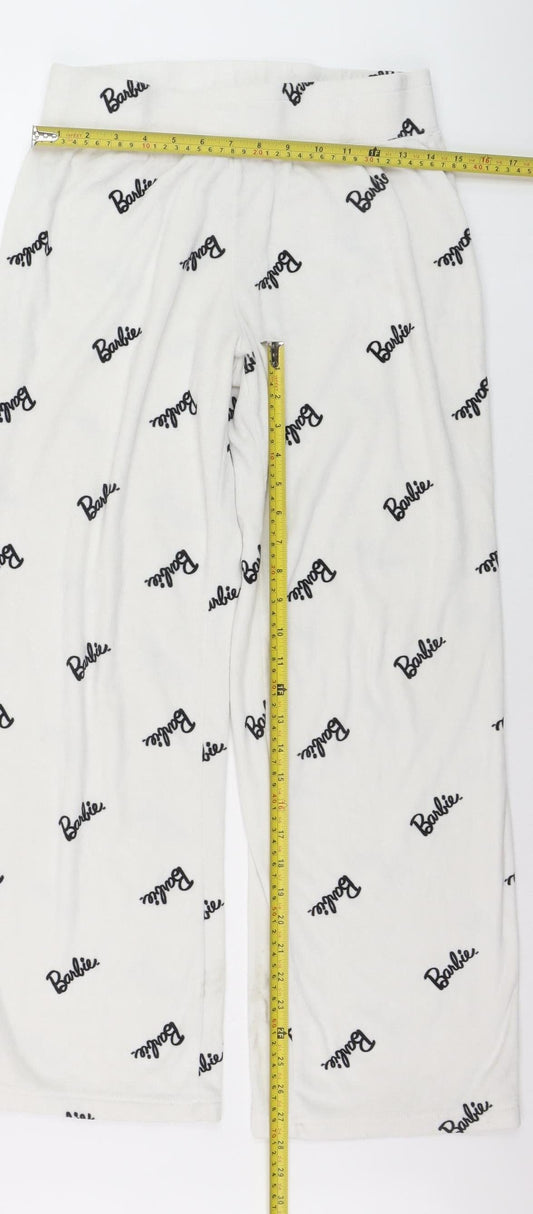 Barbie Women White Fleece Pyjama Pants Trousers Size 10-12 Very Good