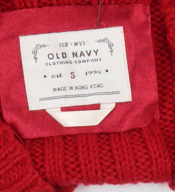 Brand and care label for Old Navy Women's Red Cable-Knit Shawl jumper, size S