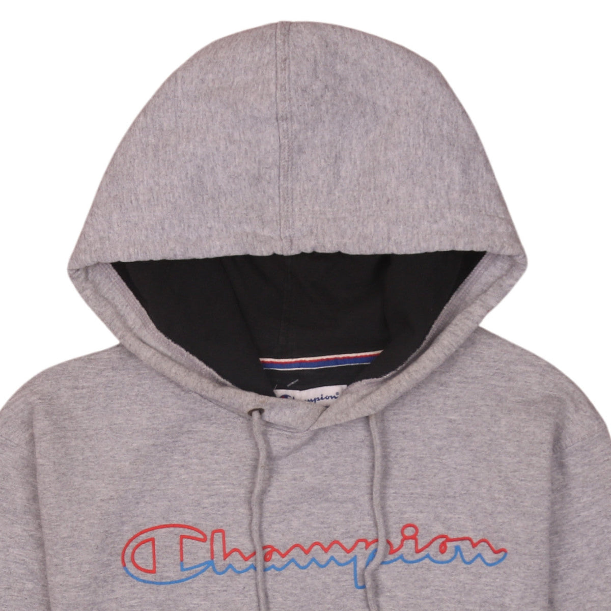 Brand and care label for Champion Men's Grey Small Pullover Hoodie Embroidered Logo Fleece