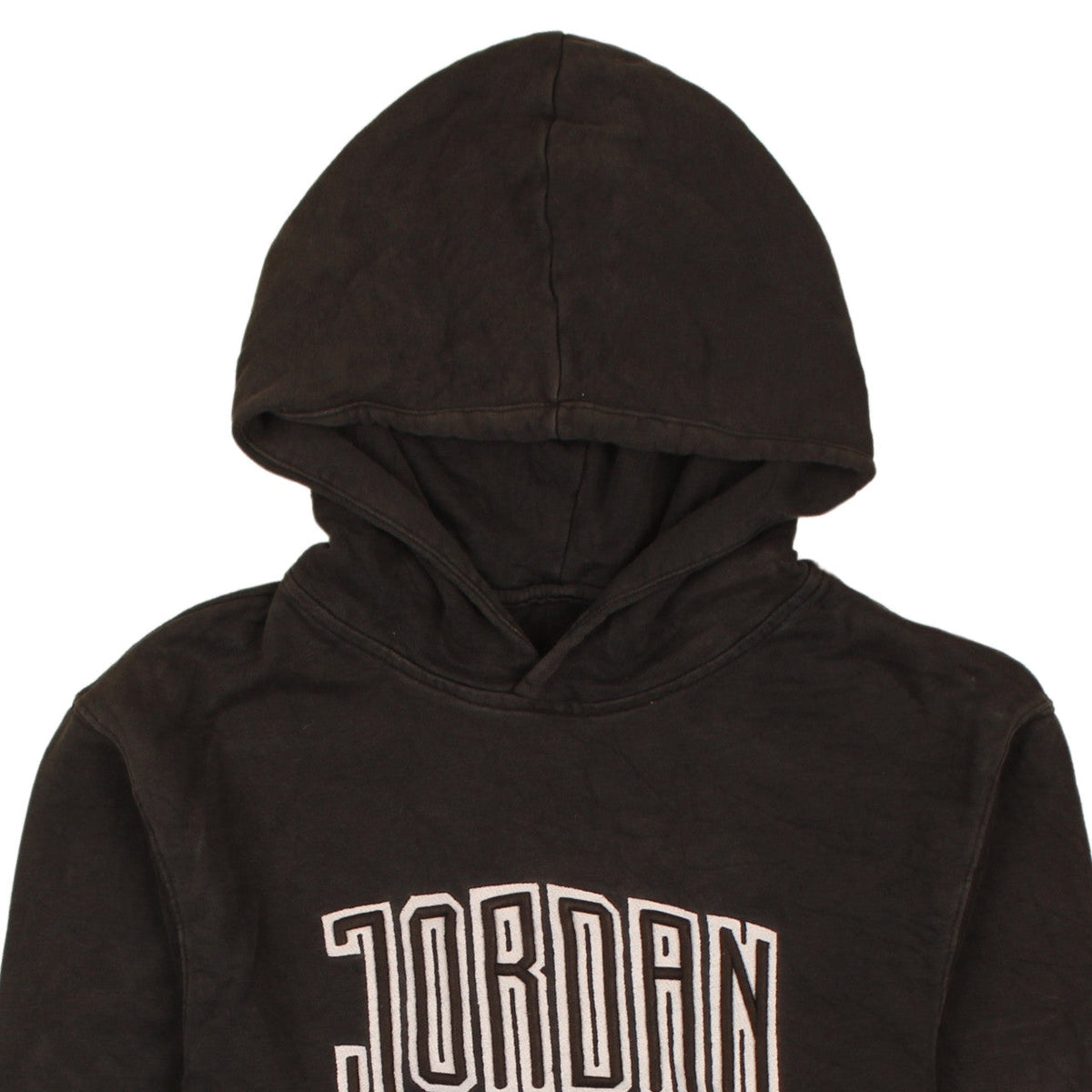Brand and care label for Jordan men’s black pullover hoodie, size M, embroidered logo
