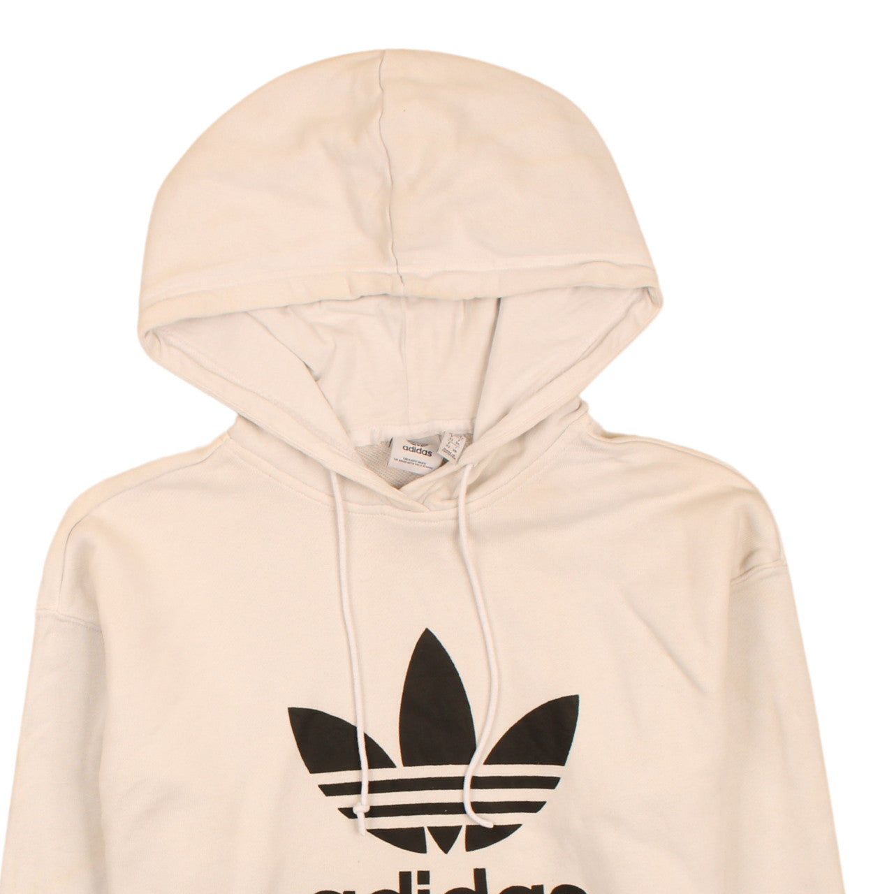 Brand and care label for Adidas women’s white pullover hoodie, size UK 6, logo fleece sweatshirt