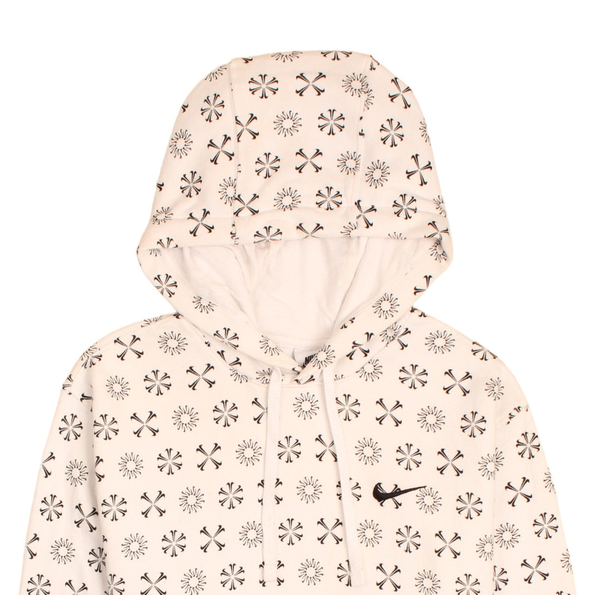 Brand and care label for Nike Men's Beige Logo Pullover Hoodie, size S, Fleece Sweatshirt
