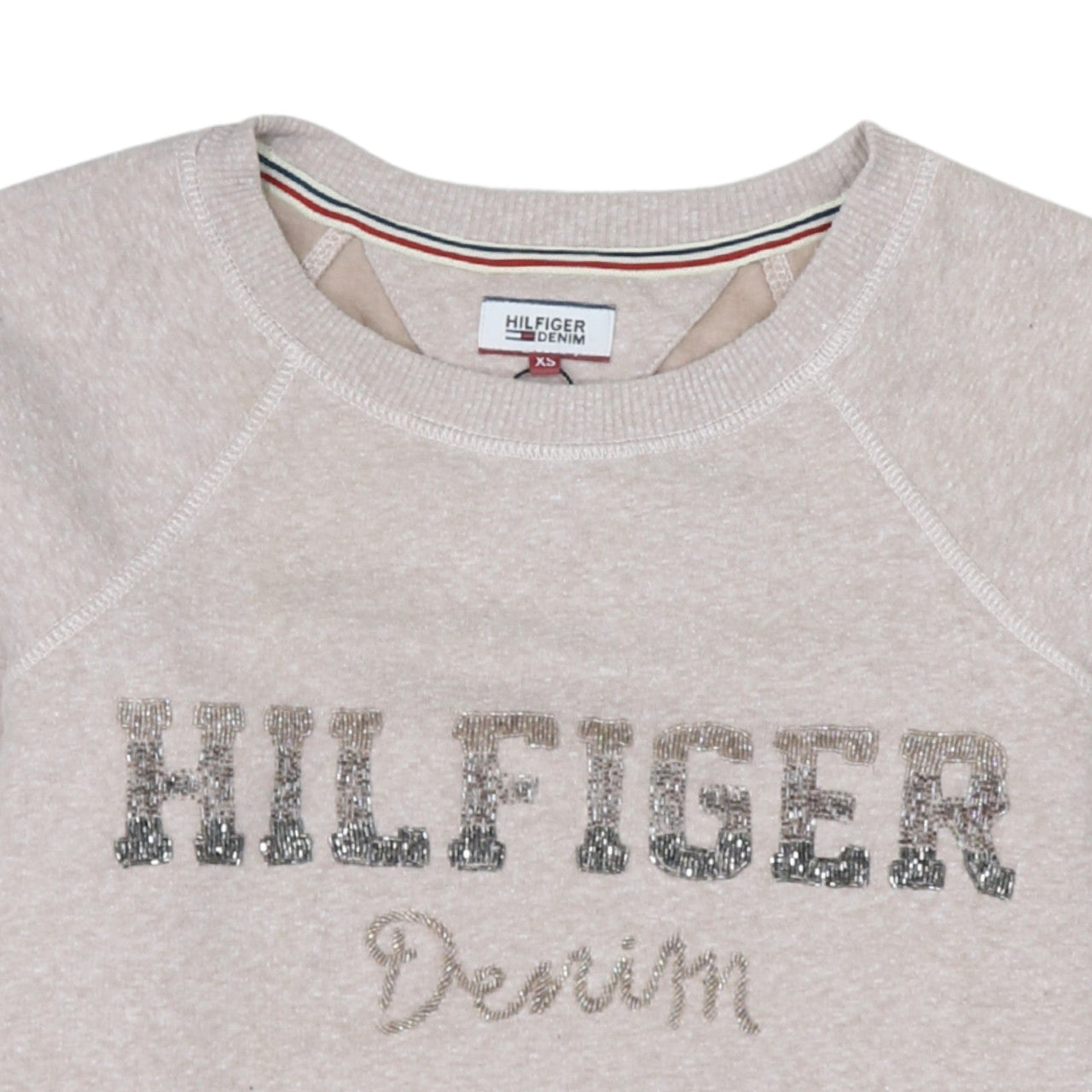 Tommy Hilfiger Denim Womens Beige XS Sequin Logo Pullover Sweatshirt
