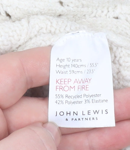 Brand and care label for John Lewis girls’ ivory long sleeve jumper age 10 polyester blend