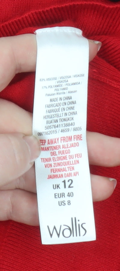 Brand and care label for Wallis Women’s Red Crew Neck Button Detail jumper, size UK 12
