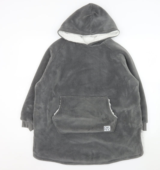 Additional front view of DKNY boys’ grey fleece hooded lounge nightshirt, size 7-12, years