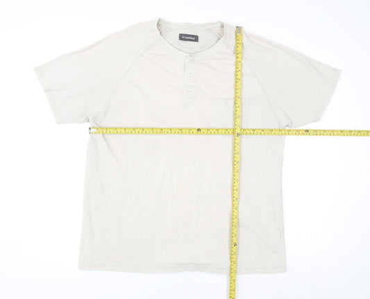Hawkshead Men Beige Cotton Henley Short Sleeve Casual Shirt L