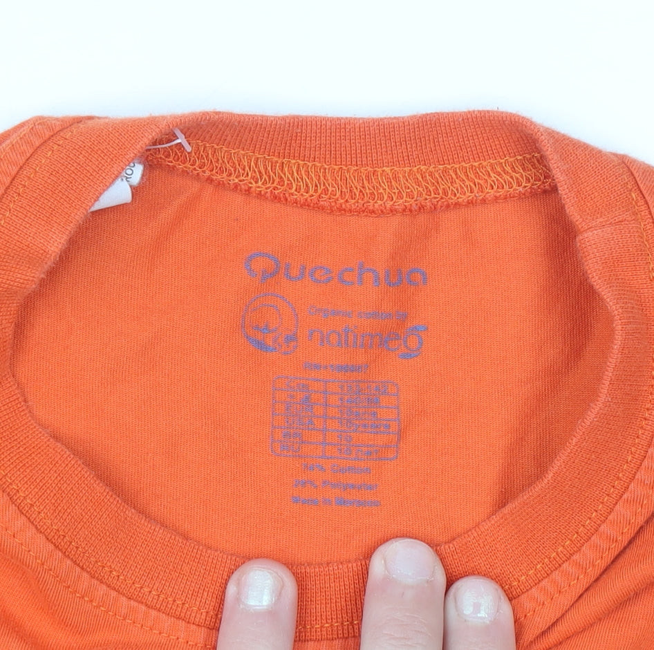 Brand and care label for Quechua boys’ orange 'welcome home' hiking graphic cotton t-shirt 6 years