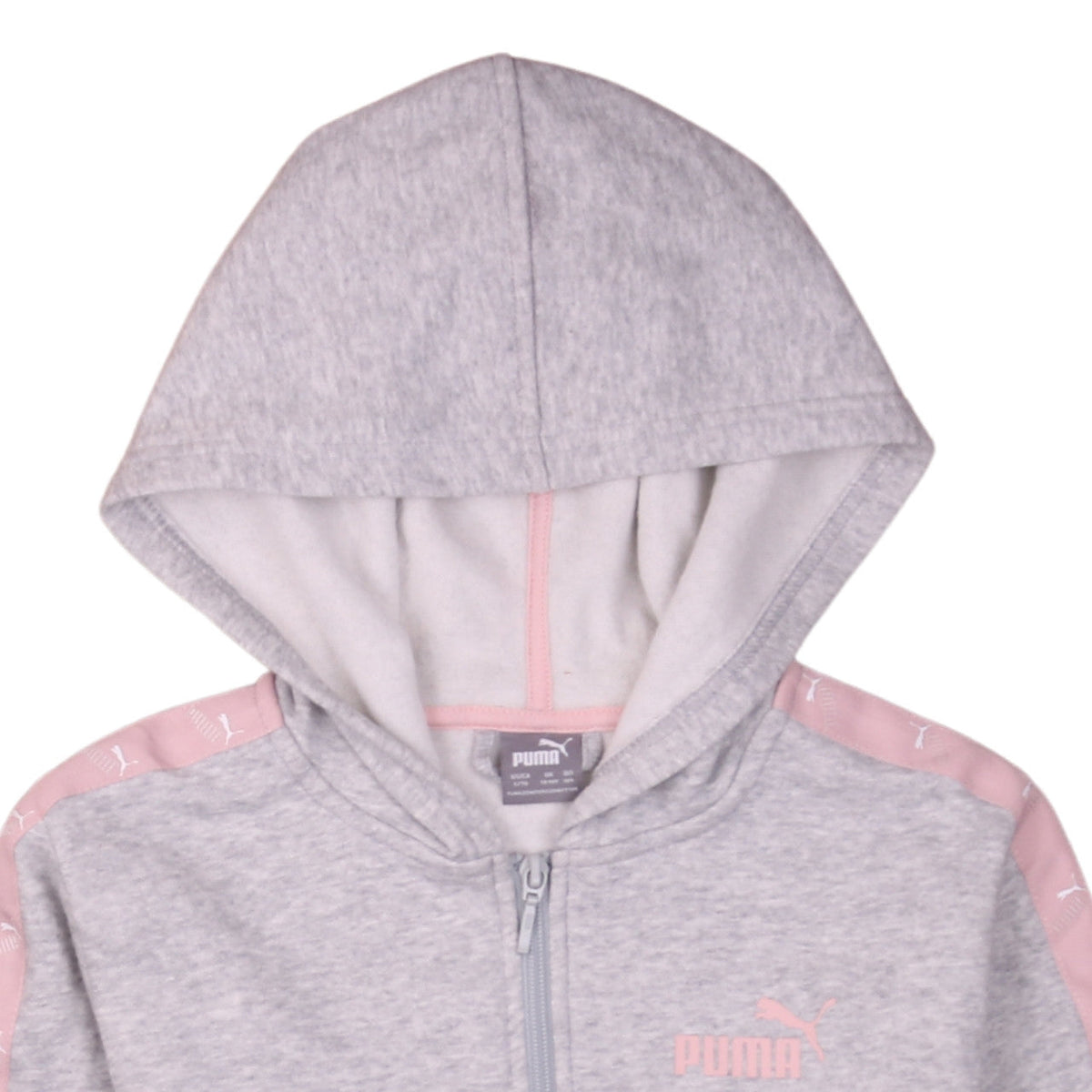 Brand and care label for Puma girls’ grey full zip hoodie 13-14 years logo hooded sports sweatshirt