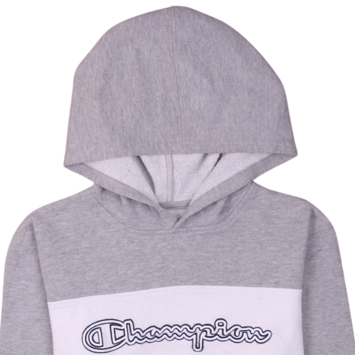 Brand and care label for Champion boys’ grey colourblock pullover hoodie, size L, cotton blend