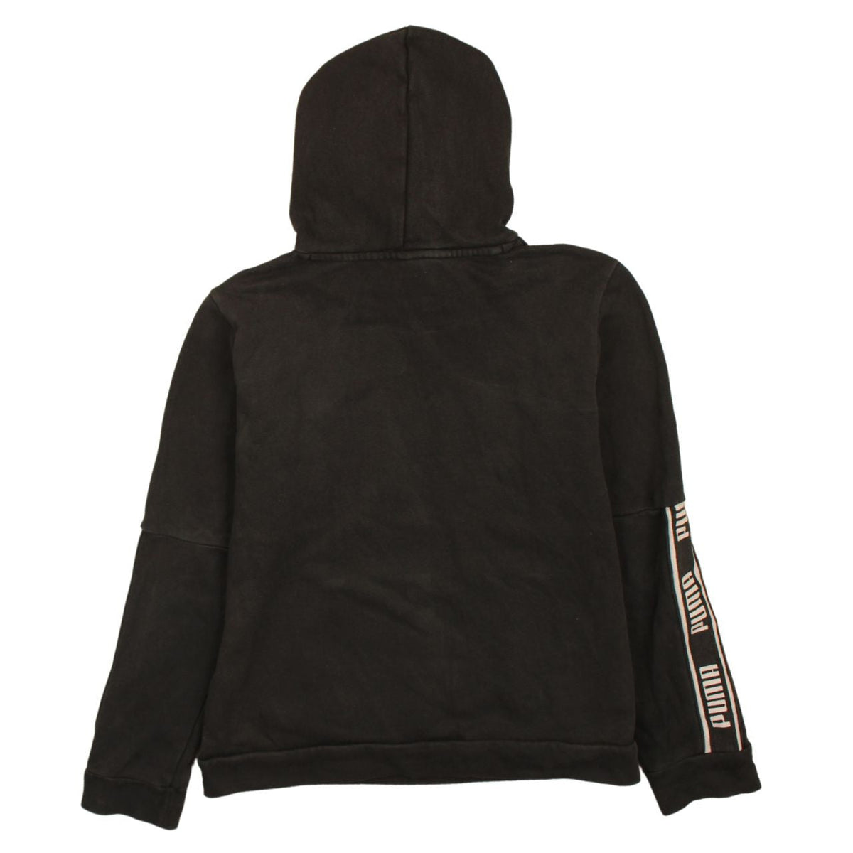 Brand and care label for Puma Men Black Logo Pullover Hoodie, size L, Fleece Sweatshirt