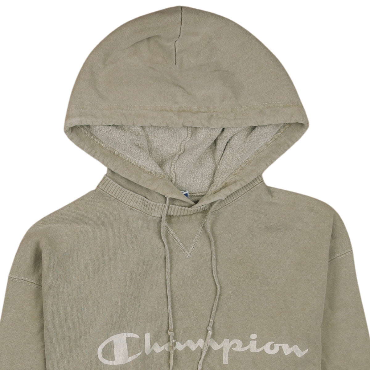 Brand and care label for Champion men’s beige pullover hoodie l regular fit vintage sportswear