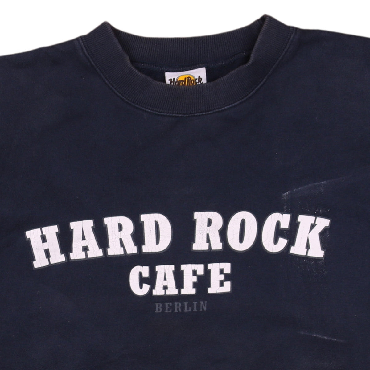 Brand and care label for Hard Rock Cafe Berlin Blue men’s large pullover crew neck sweatshirt