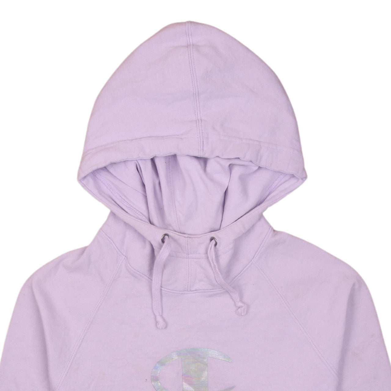 Brand and care label for Champion women’s lilac pullover hoodie, size L, logo print cotton blend