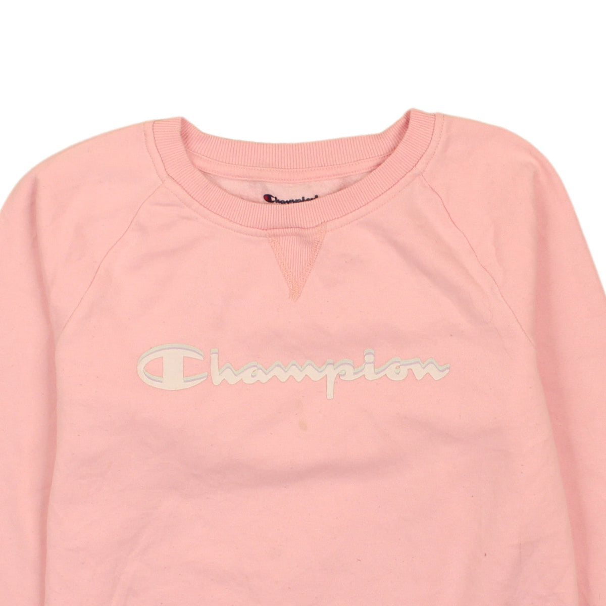 Brand and care label for Champion girls’ pink xl pullover sweatshirt crew neck logo jumper