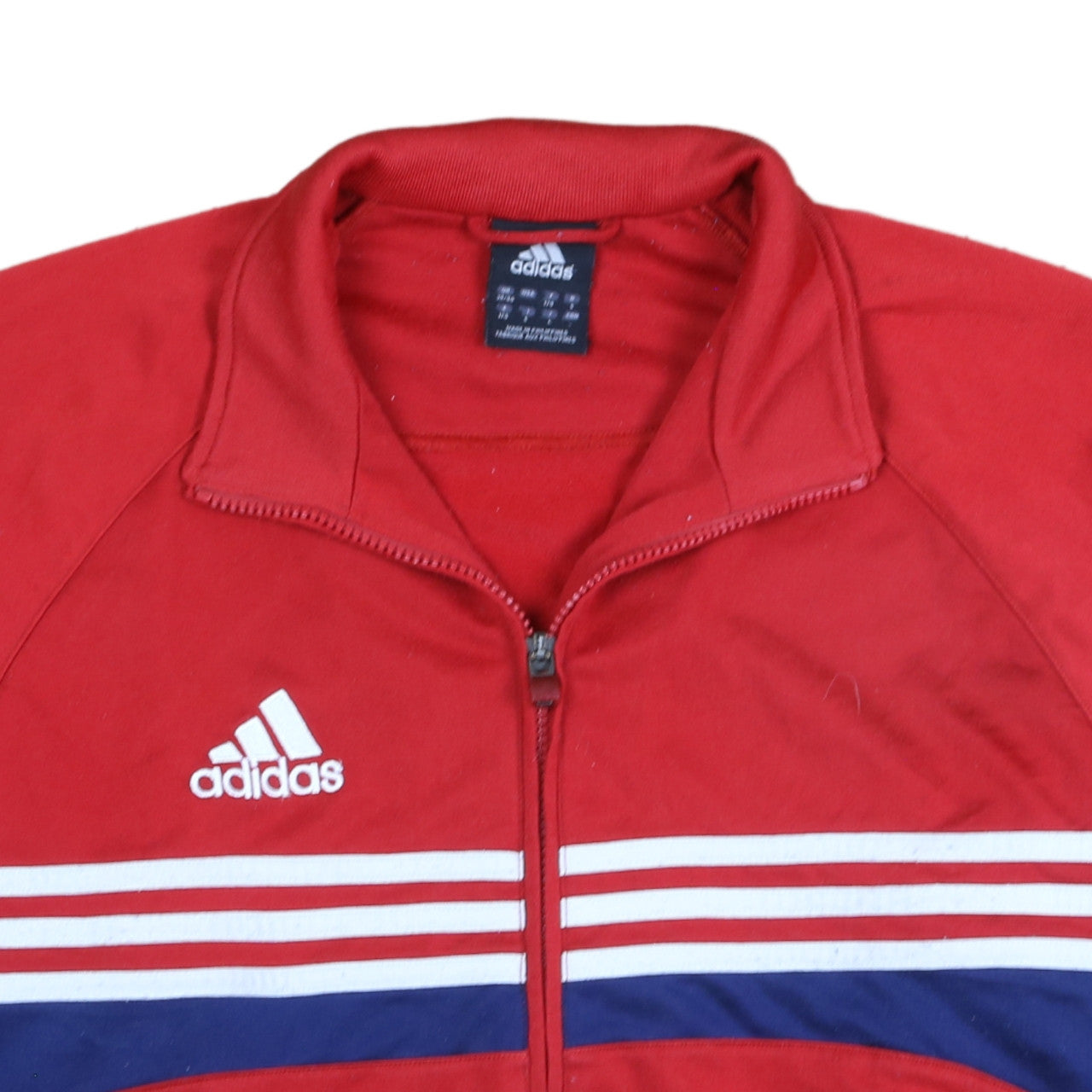Brand and care label for Adidas Men's Red Full Zip Track Sweatshirt, size L, Sports Top