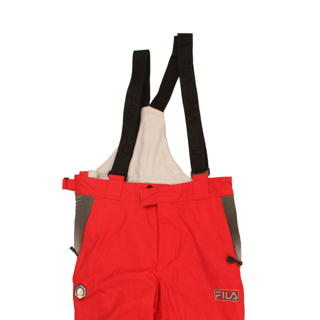 Brand and care label for Fila Men's Red Snow Pants S Waterproof Insulated Trousers