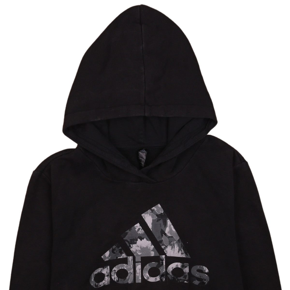 Brand and care label for Adidas Women's Black Pullover Hoodie, size L, 16-18 Logo Print Sportswear