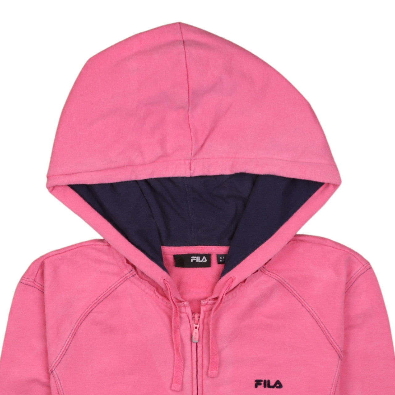 Brand and care label for Fila Women's Pink Full Zip Hoodie, size 14 L