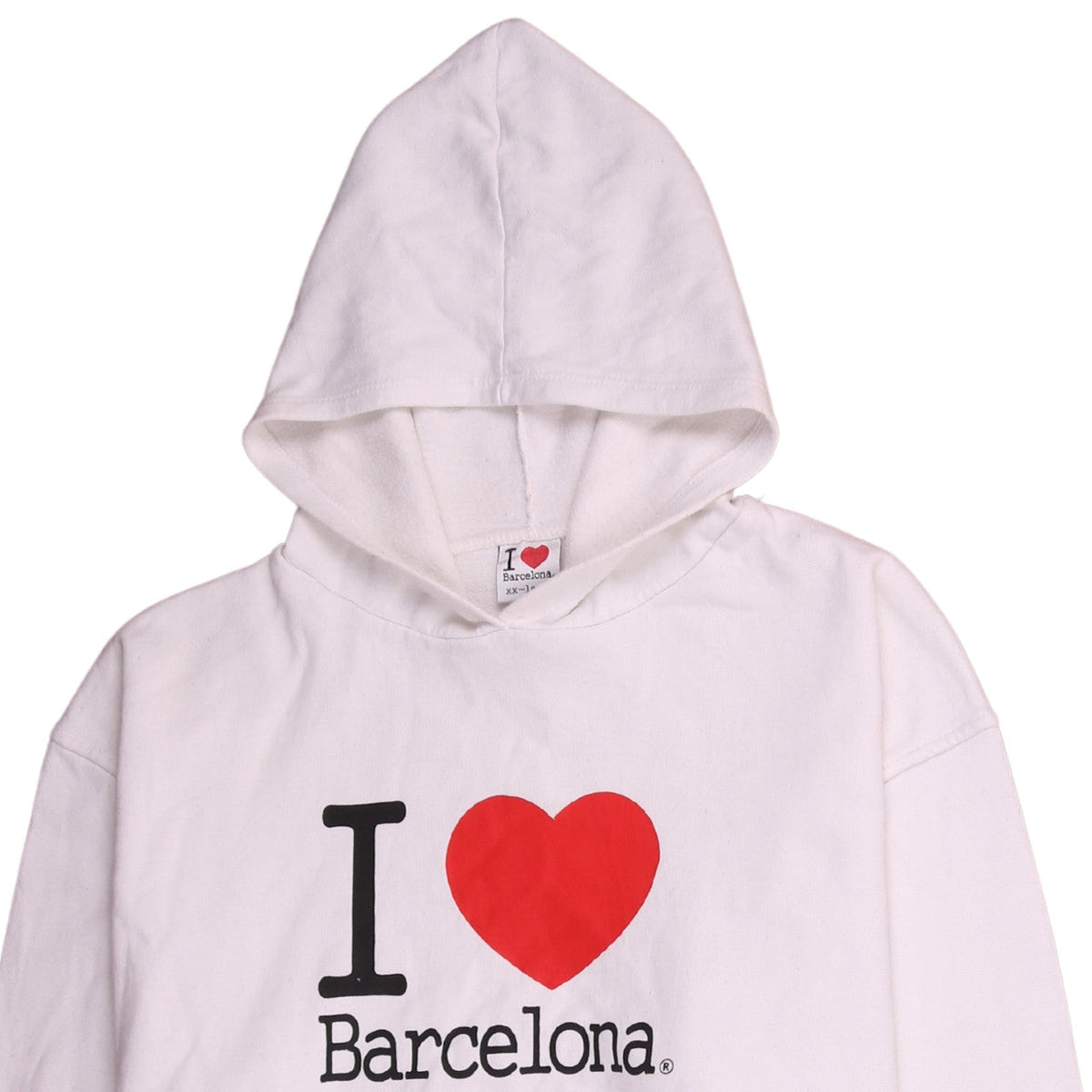Brand and care label for I Love Barcelona White Pullover Hoodie Men 2XL Graphic Print Fleece