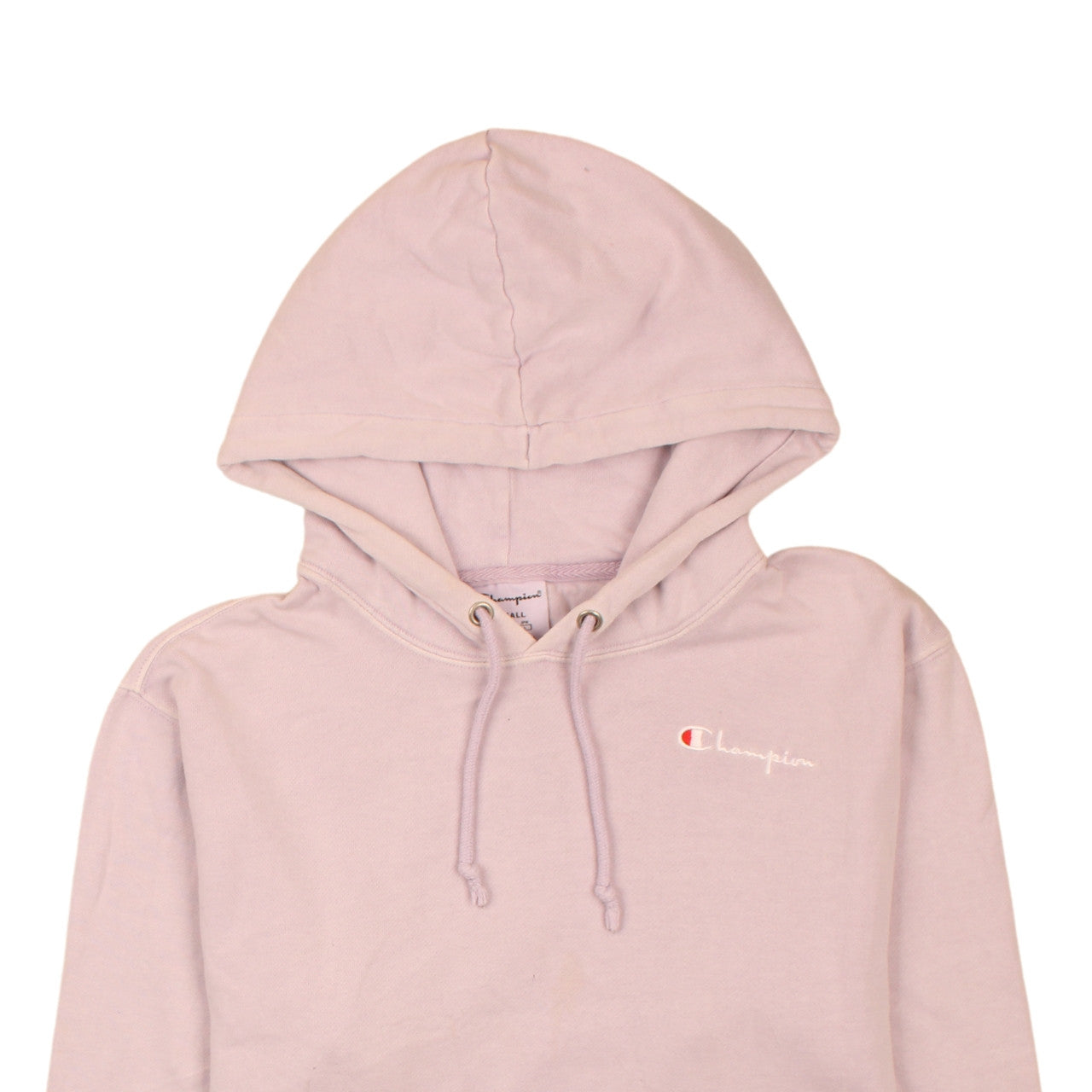 Brand and care label for Champion Men's Pink Pullover Hoodie Small Embroidered Logo