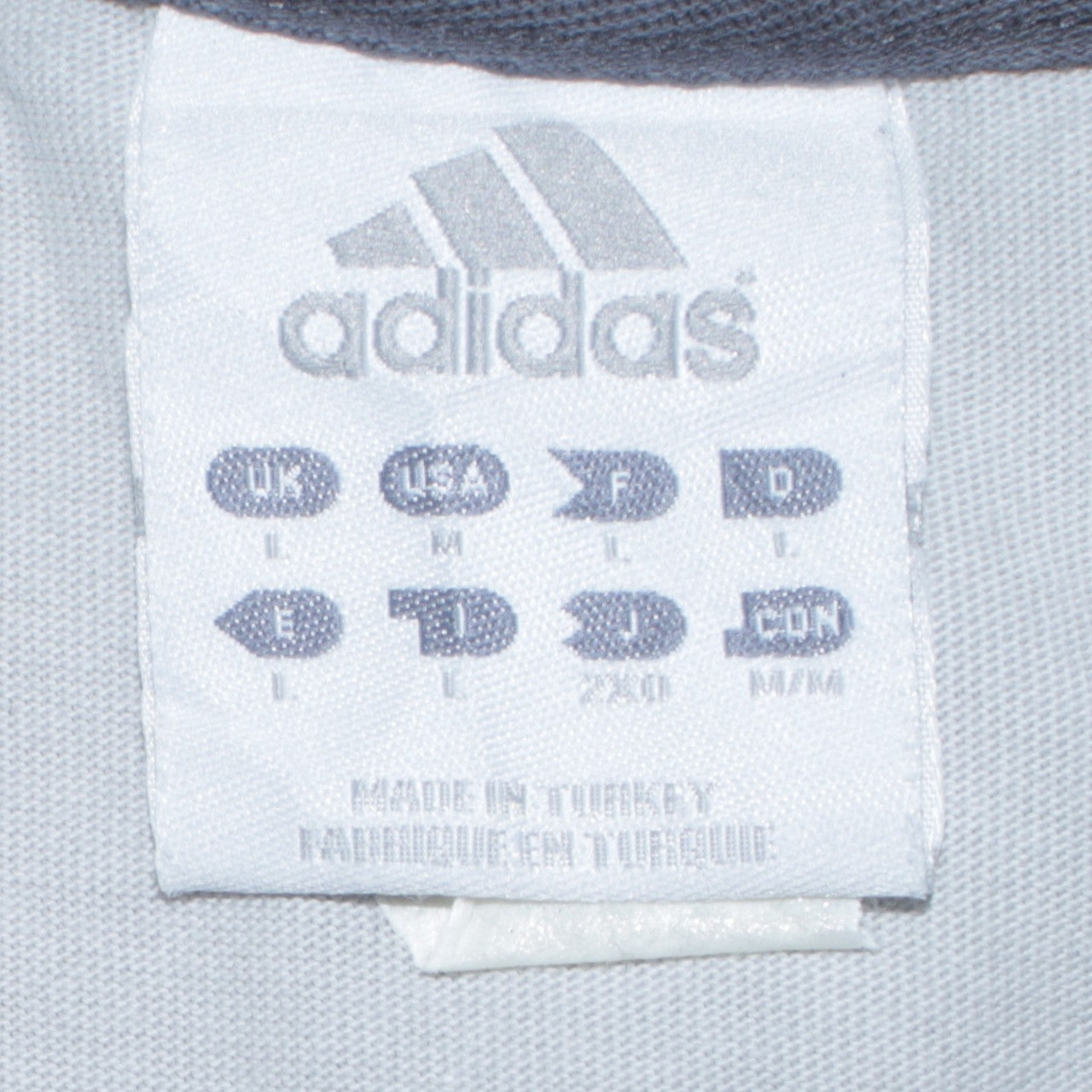 Close-up detail of Adidas men’s grey long sleeve pullover sweatshirt, size L