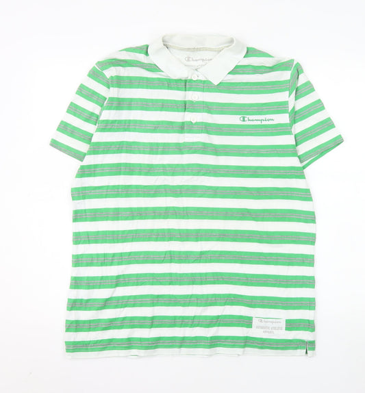 Champion Men's Green Striped Polo Shirt Medium Cotton