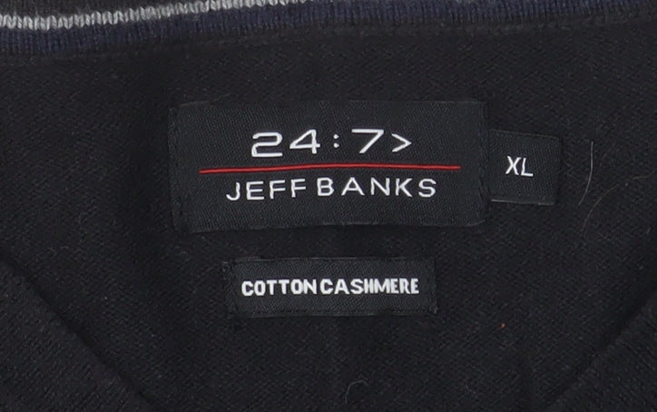 Jeff Banks Men’s Black Cotton Cashmere V-Neck Jumper XL Classic Fit