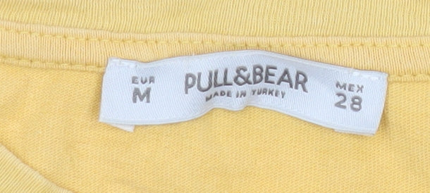 Brand and care label for Pull&Bear women’s yellow cropped t-shirt, size UK 10, relaxed fit