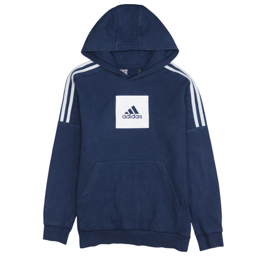 Adidas Boys Blue Pullover Hoodie with Logo and Striped Sleeves - Size 12-13 Years