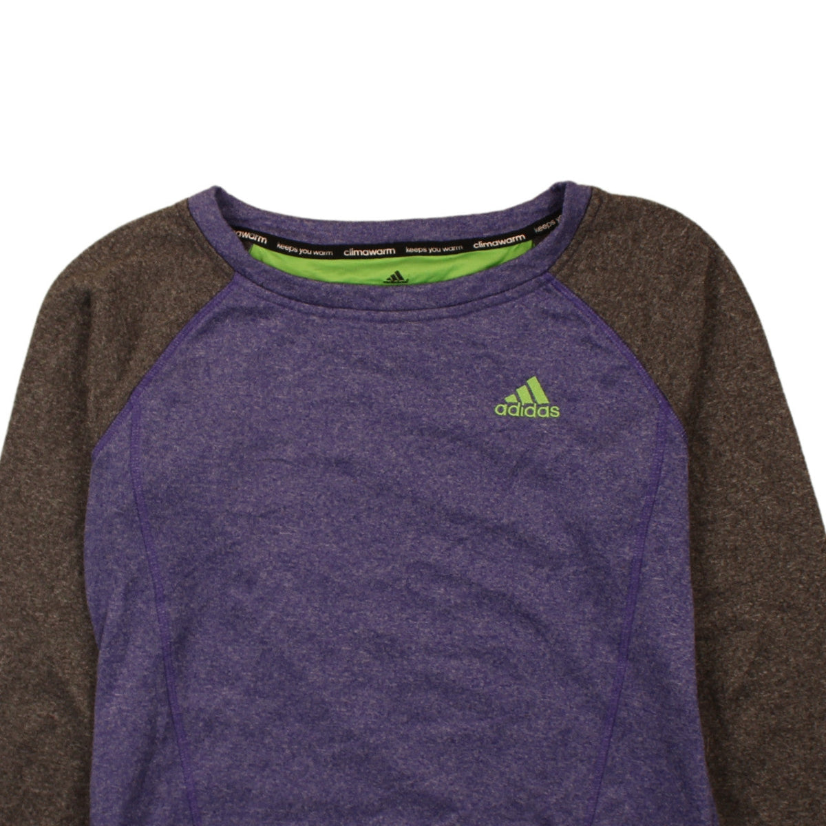 Brand and care label for Adidas Women Purple & Brown Climalite Sweatshirt, size S, 8-10