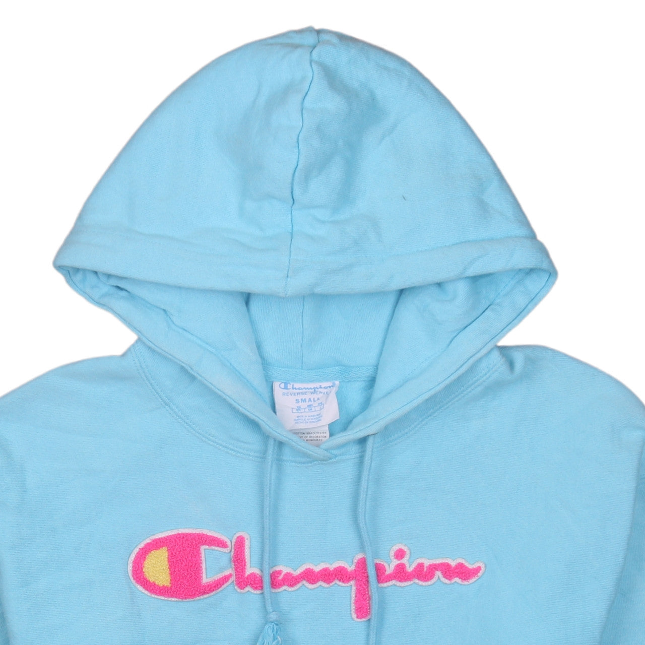 Brand and care label for Champion women’s blue small pullover hoodie reverse weave cotton blend