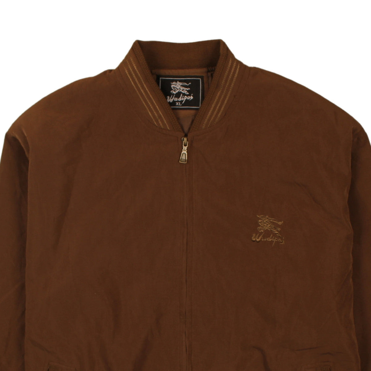 Brand and care label for Wudipos Men's Brown XL Bomber Jacket Cotton Twill Zip Casual