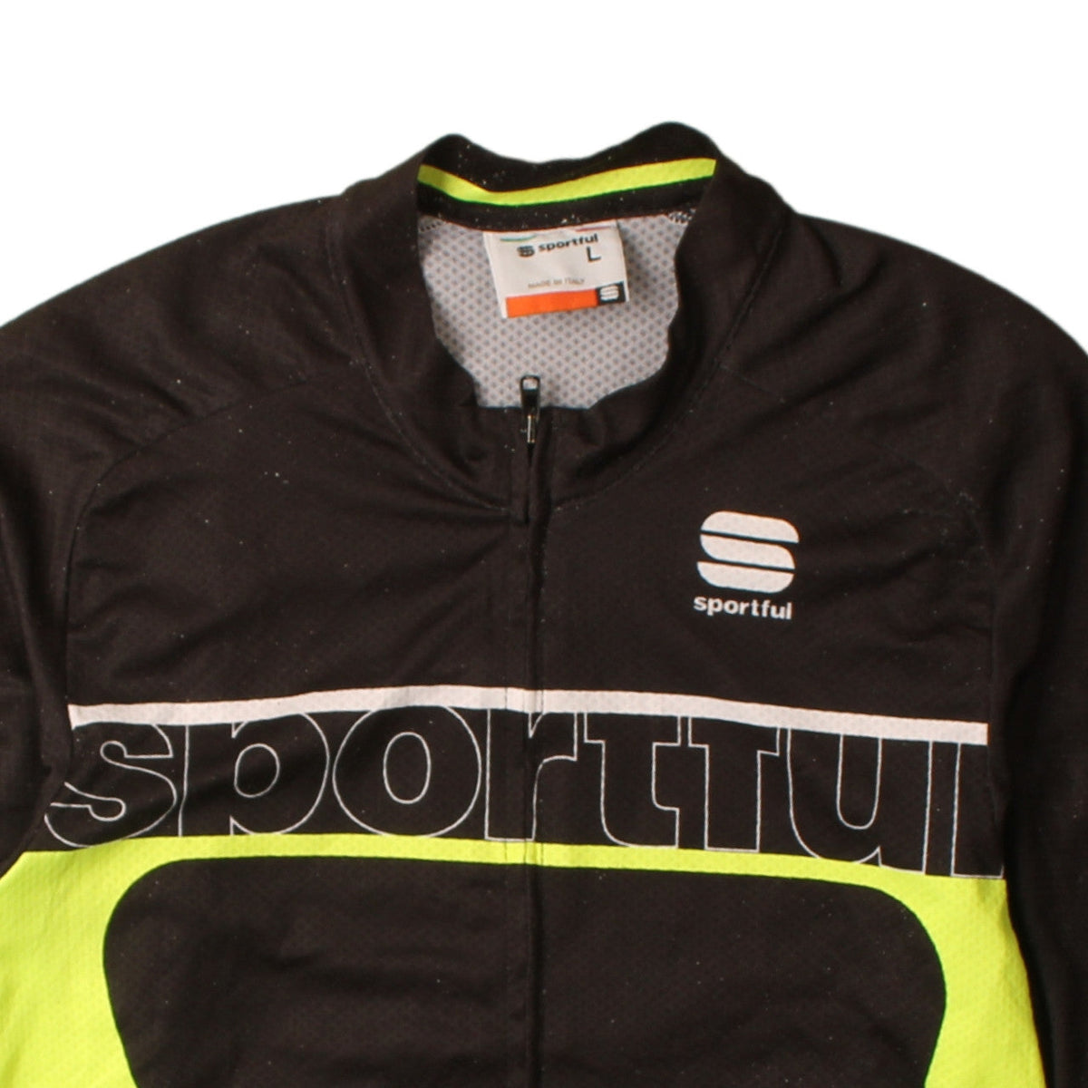 Brand and care label for Sportful Men's Black Cycling Jersey L Short Sleeve Full Zip Top