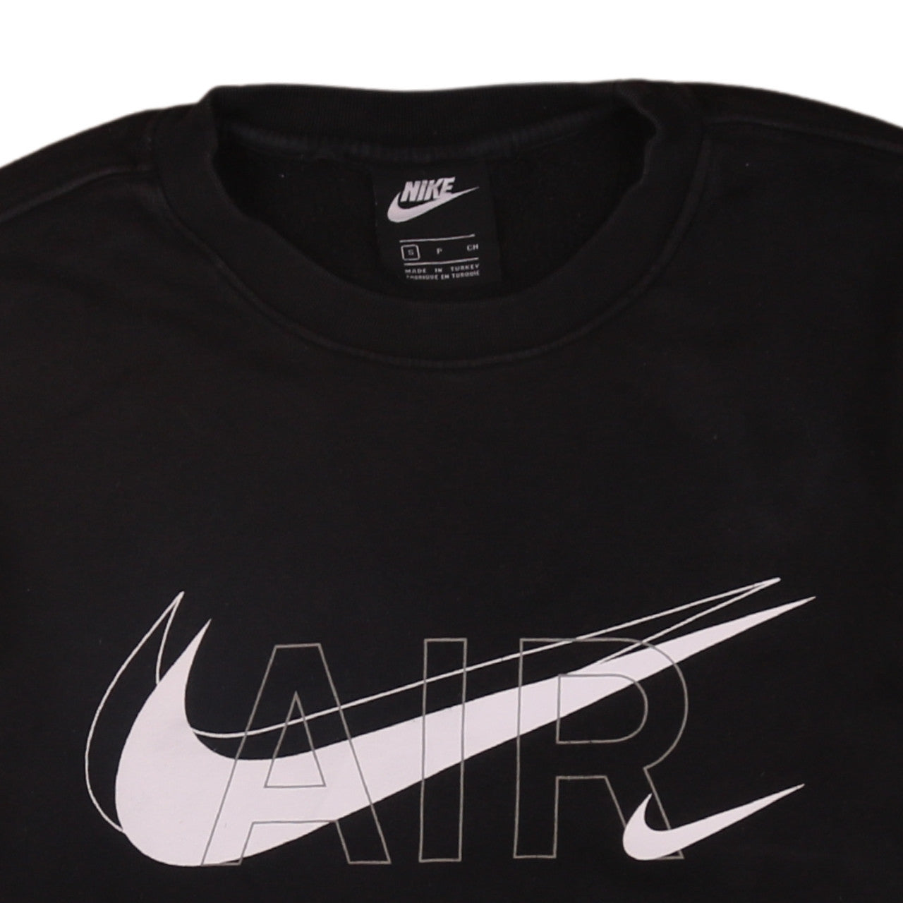 Brand and care label for Nike Men Black Small Air Pullover Sweatshirt Crew Neck