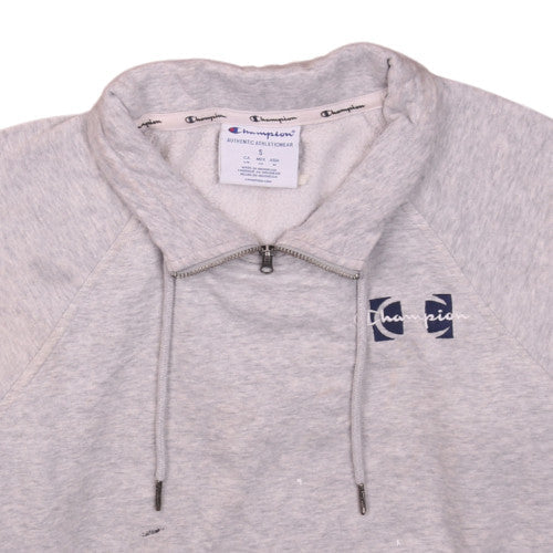 Brand and care label for Champion women’s grey small 1/4 zip pullover sweatshirt