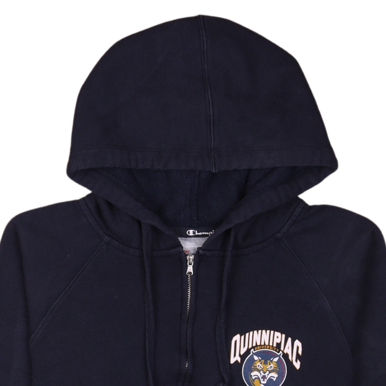 Brand and care label for Champion men’s blue full zip hoodie m quinnipiac university fleece