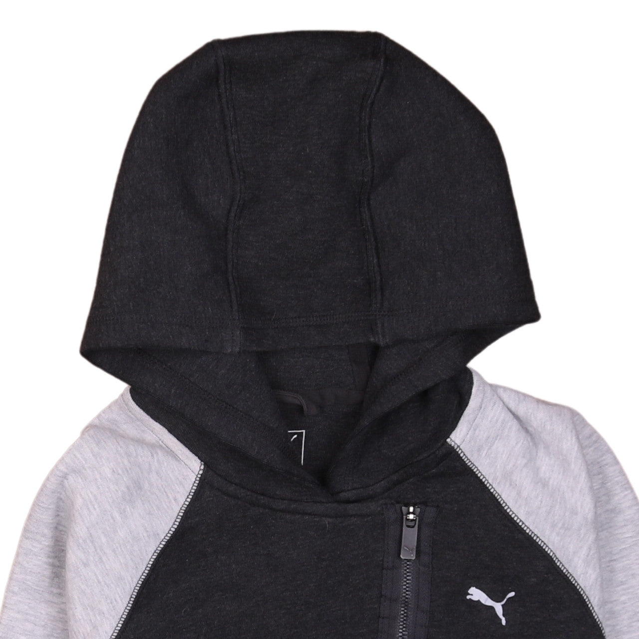 Brand and care label for Puma Women Black Grey Full Zip Hoodie, size 12, Cotton Blend