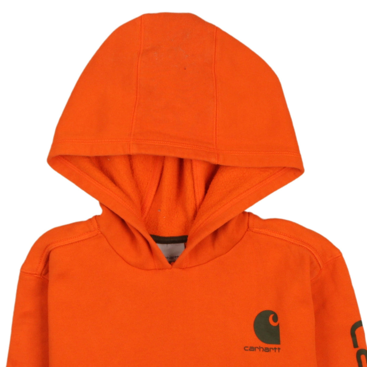 Brand and care label for Carhartt boys’ orange pullover hoodie m 10-12 years logo fleece sweatshirt