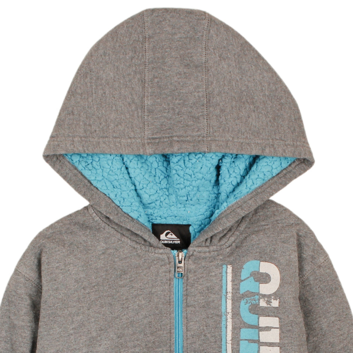 Brand and care label for Quiksilver boys’ grey full zip hoodie m 10-12 sherpa lined fleece sweatshirt