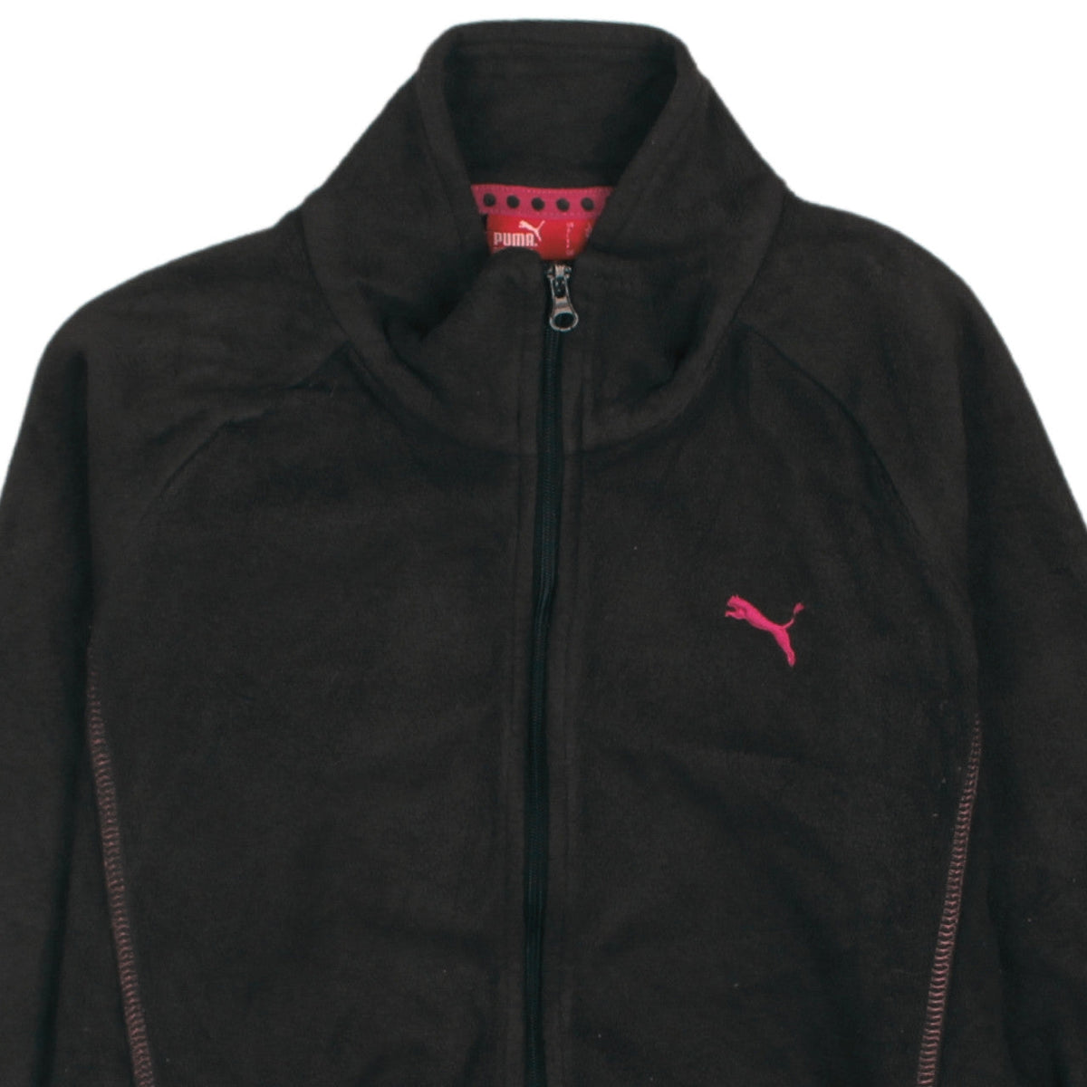 Brand and care label for Puma girls’ black full zip fleece sweatshirt, size 12 l, 152