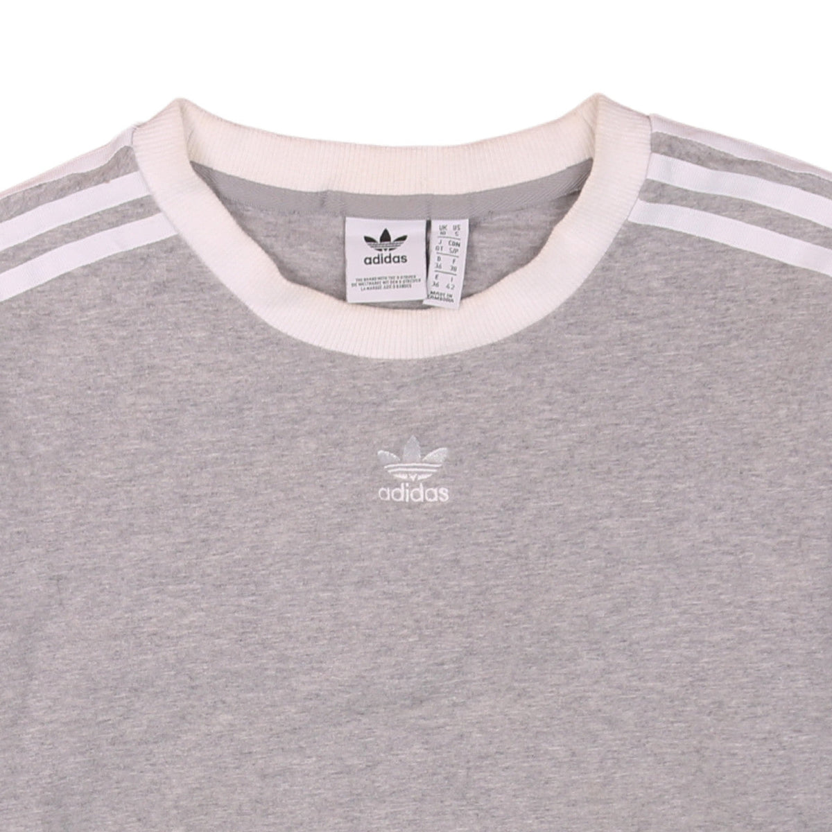 Brand and care label for Adidas Women Grey Crew Neck Long Sleeve Pullover Sweatshirt, size 10