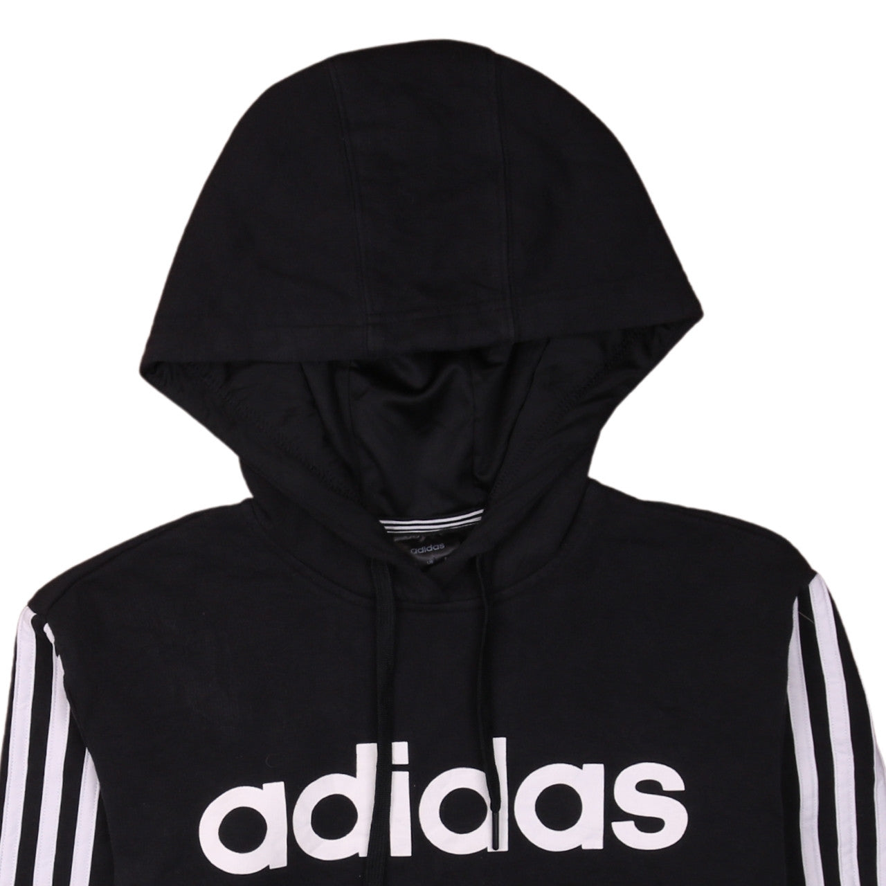 Brand and care label for Adidas women’s black hoodie, size UK 12-14, pullover logo sportswear