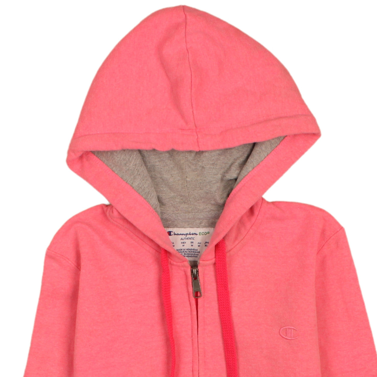 Brand and care label for Champion women’s pink full zip hoodie medium