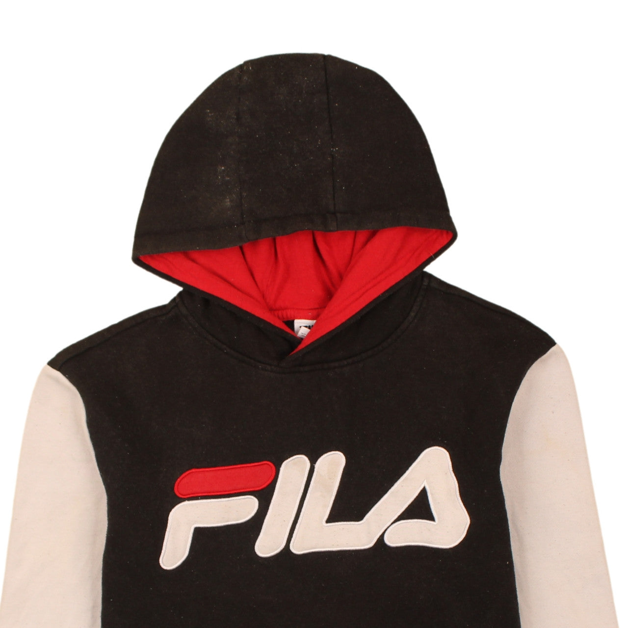 Brand and care label for Fila boys’ black colourblock pullover hoodie, size 18/20, logo design