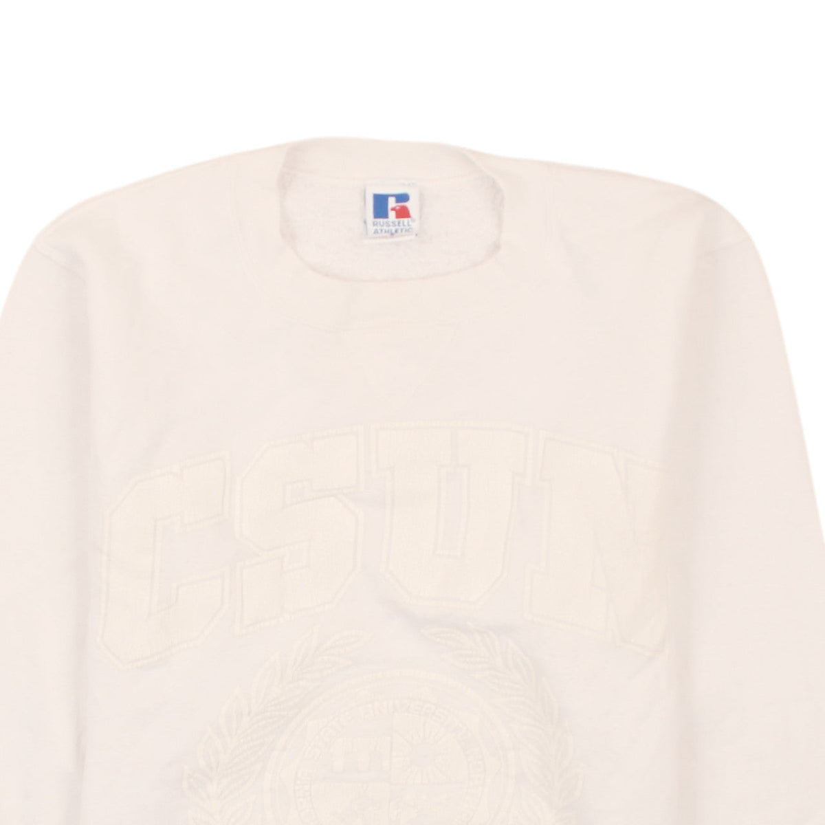Brand and care label for Russell Athletic Women Beige CSUN Pullover Sweatshirt, size S